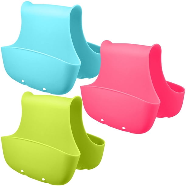 Paquete de 3 fregaderos de silicona con sillín, soporte para cepillos de jabón y esponja, cesta organizadora de almacenamiento para cocina (azul, verde, rosa)