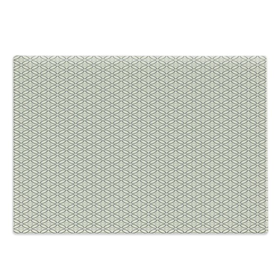 Geometric Cutting Board, Prehistoric Symmetrical Circles Intersecting Geometric Latticework Print, Decorative Tempered Glass Cutting and Serving Board, Large Size, Dimgray and Beige, by Ambesonne