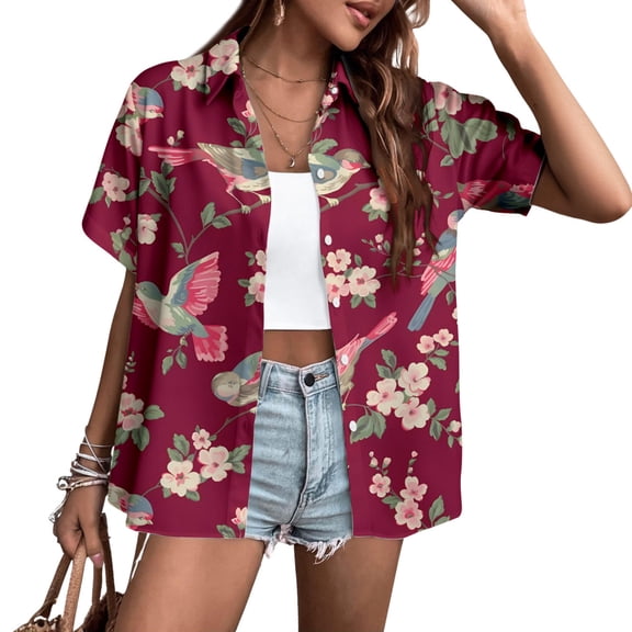 adaychics Women's Hawaiian Shirts Bird Floral Short Sleeve Button Down Tropical Shirts Trendy Clothes for Streetwear