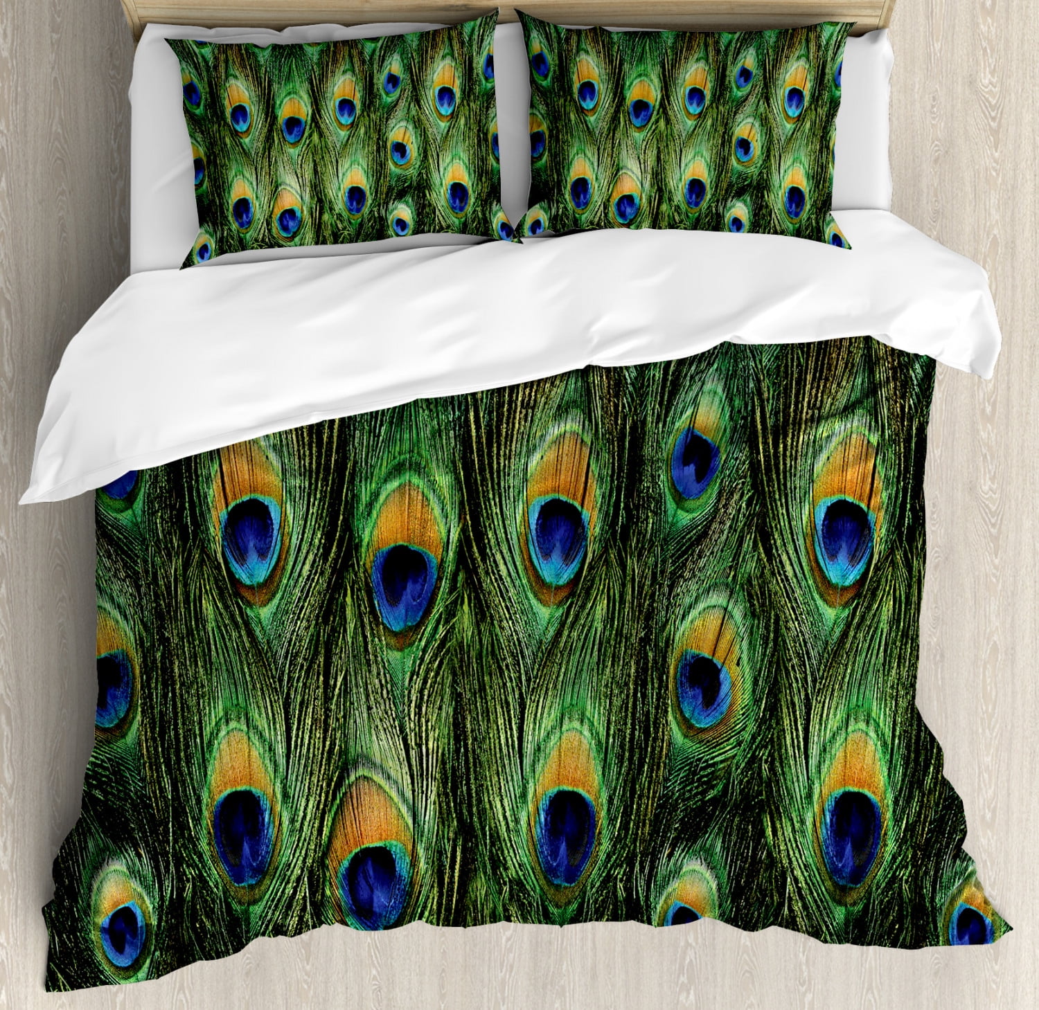 Peacock Duvet Cover Set, Peacock Tail Feathers Tropical Exotic Animals