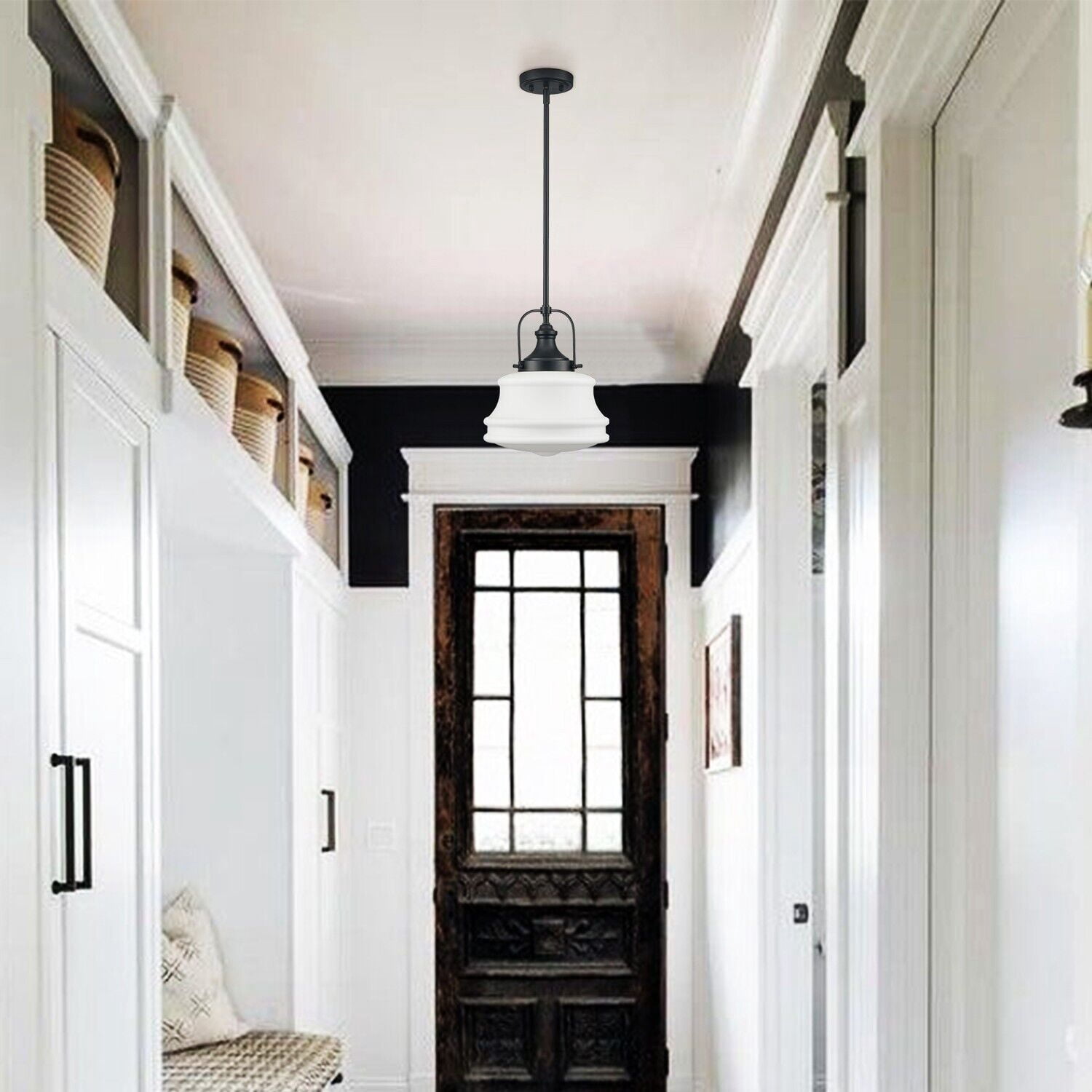 Modern Schoolhouse Pendant Light Fixtures Black Hanging Light Milky Glass