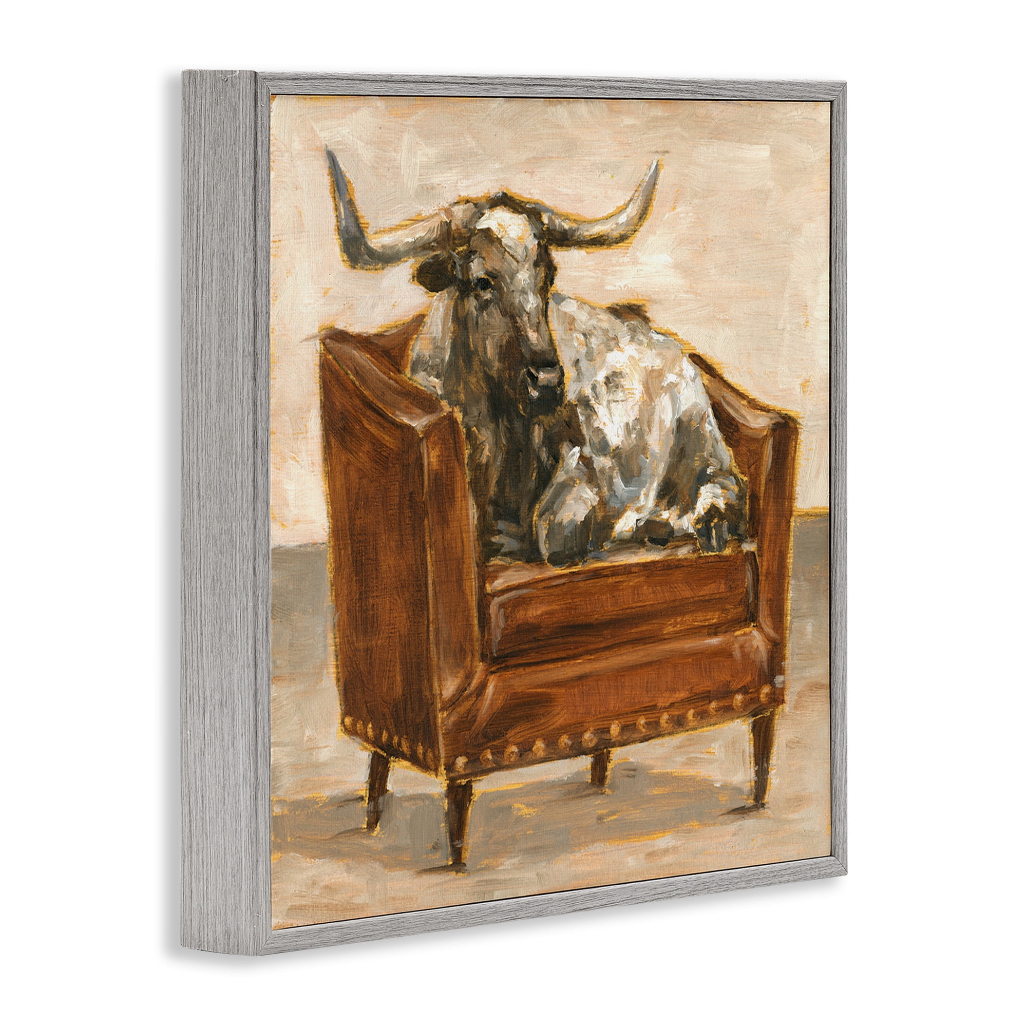 Stupell Industries Brown Bull Resting in Chair Painting Animals & Insects Painting Gray Framed Art Print Wall Art, 24 x 24