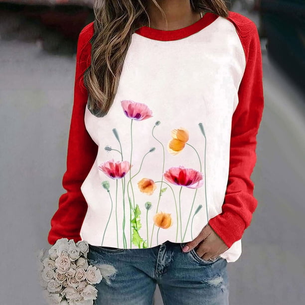 ICHUANYI Clearance Fashion Women's Spring Fall Patchwork Printed Long Sleeves Round Neck Casual Tee Tops ICHUANYI "ICHUANYI"