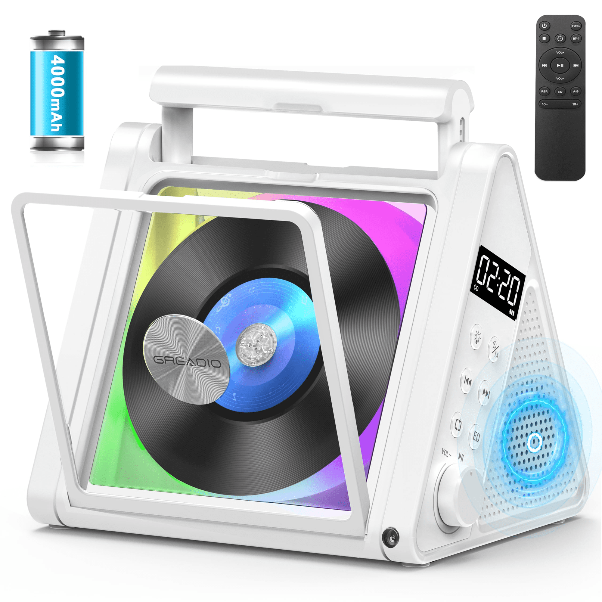 Greadio Portable CD Player with 20W Speaker, 4000mAh Rechargeable Bluetooth CD Player with Battery,Triangle Design Speaker with Remote Control