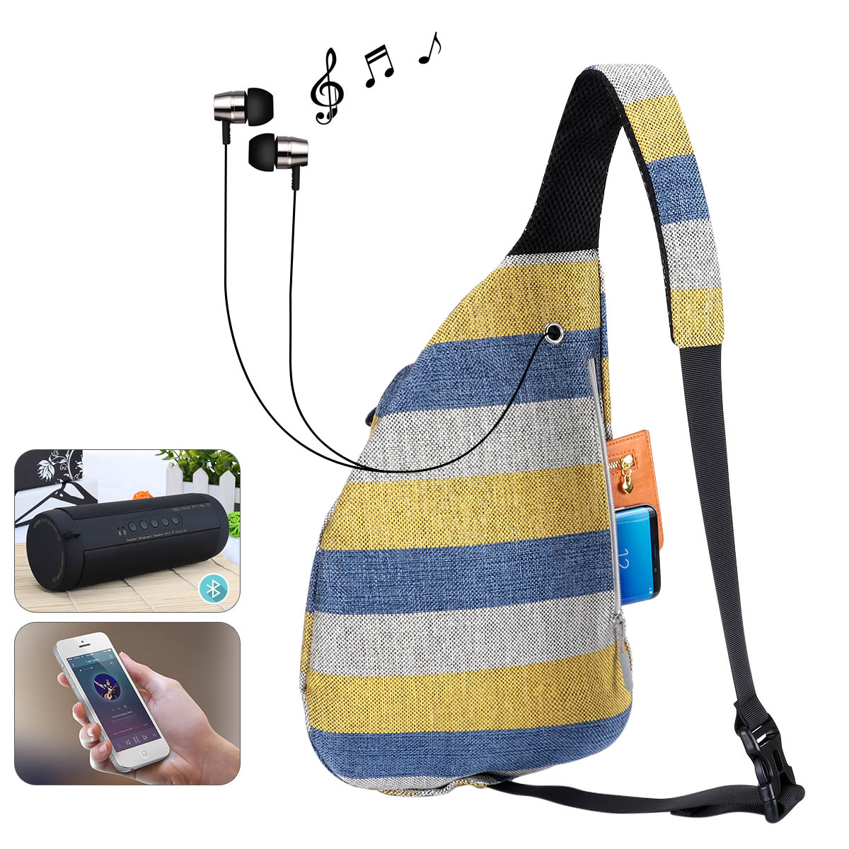 HAWEE Chest Daypack Hiking Backpack Sling Bag Sports Shoulder Travel Crossbody Daypack for Women, Wide Stripes of Yellow/ Blue/Gray - image 2 of 7