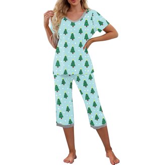 Women's Holiday Bow Pajamas Set - 2 Piece Satin Silk Pjs With Festive Print (Long Sleeve Top & Pants)