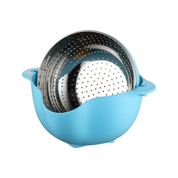 Cesta de drenaje de doble capa, colador para lavar frutas y verduras. Azul