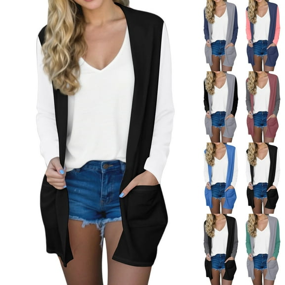 GXIPO Casual Loose Long Sleeve Lightweight Thin Cardigans for Women Cardigan Open Front Sweaters with Pockets Color Block Gray 2XL