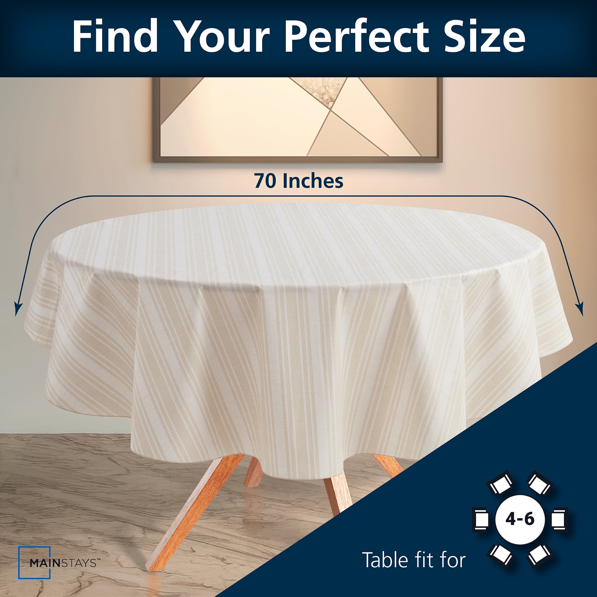 (2 pack) Mainstays Striped Beige PEVA Tablecloth 70" Round