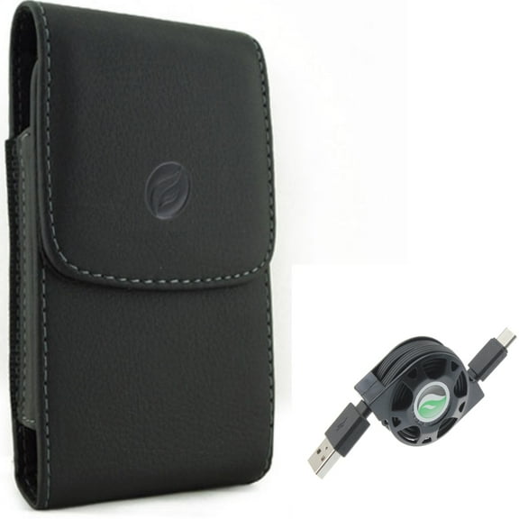 For Galaxy A73 /A23 /A14 /A13 /A03s - USB Cable w Case Belt Clip, Retractable Type-C Charger Power Cord USB-C Wire Sync, Leather Holster for Samsung Galaxy A73 /A23 /A14 /A13 /A03s