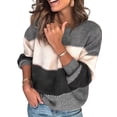 thumbnail image 1 of Chandail Femme à Blocs de Couleur Rayé Col Rond Long Chandail Manches Courtes Blouse, Gris, L, 1 of 5
