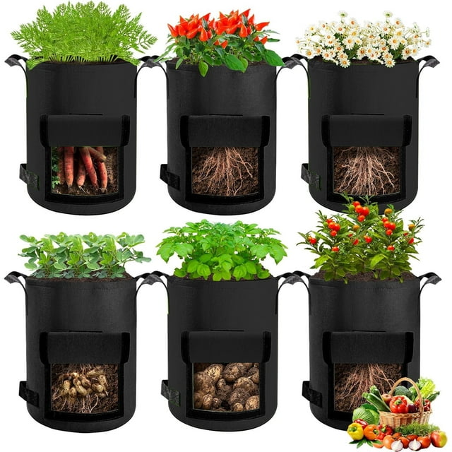 SunStream 6 Pack 3 Gallon 11L Potato Grow Bags Non-woven Fabric Waterproof Heavy Duty Carrot Grow Bags with Handles and Window