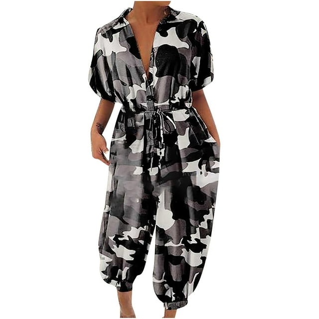 Fridja Woman's Dots Printing Short Sleeve Button Rompers Trousers Casual Fashion