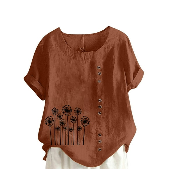 LMKIHUSA Summer Linen Shirts for Women 2025 Short Sleeve Crew Neck Tops Boho Floral Print Fashion Blouses Basic Camp Button Tees Coffee,XXXXXL