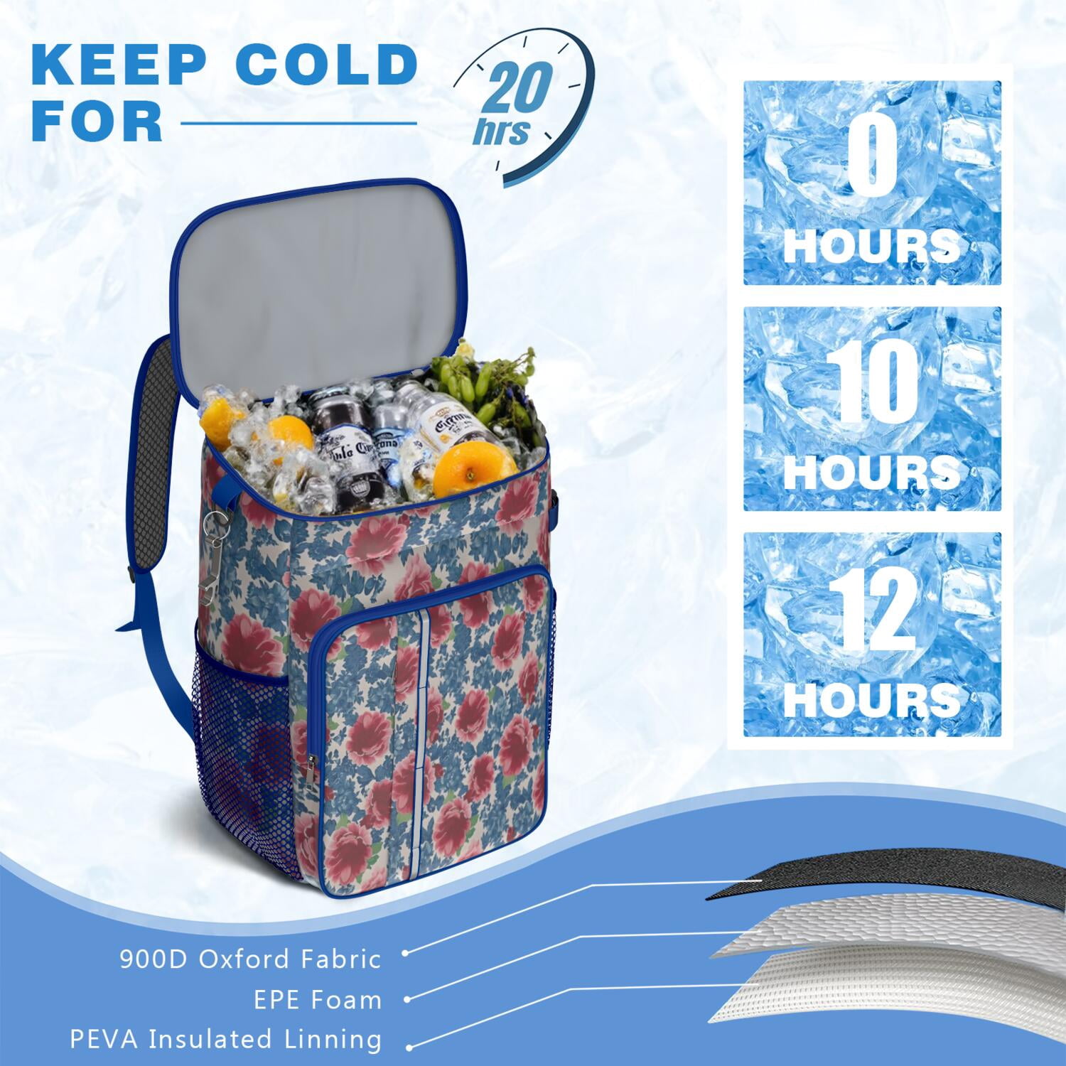Travel Cooler Bag - Pioneer Flower Floral Print Pattern Camping Beer Cooler Backpack with Bottle Opener- Waterproof Insulated Picnic Backpacks - Cooler Bag for Beach