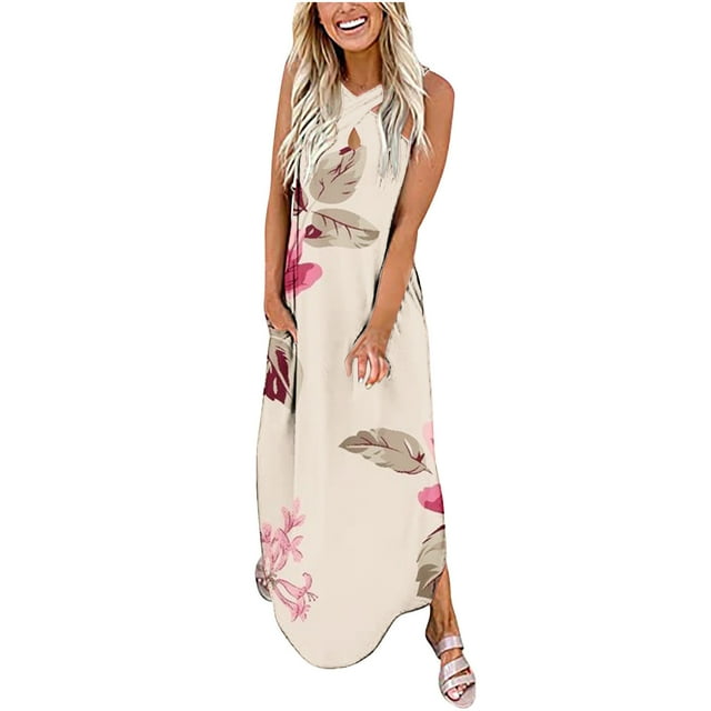 Lenago Robes de Printemps Grande Taille pour Femmes 2023 Robe Longue Imprimée Sans Manches à Encolure Croisée devant Robes d'Été de Plage en Liquidation