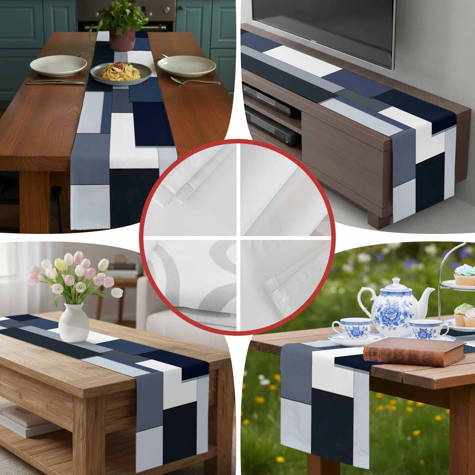 Black White Blue Patchwork Table Runner 90 Inches Long, Abstract Geometric Art Table Runners Tabletop Scarf Kitchen Dining Tables Decoration for Home Party Indoor Outdoor