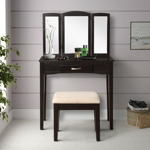 Girls Vanity Desk With Mirror Vanity Table And Stool Upgrade Dressing Table Makeup Table Writing Desk With Drawer Makeup Vanity Set And Cushioned Stool For Women 31 Lx15 6 Wx49 H Espresso Q7859 Walmart Com
