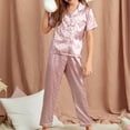 thumbnail image 3 of Uccdo Big Boys Girls Pajamas Sets, Kids Satin Silk Sleepwear Set, Little Gilrs Boys Short Sleeve Pajamas Sets, Children Button Down Tops+Sleep Pants 6-13Y, 3 of 4