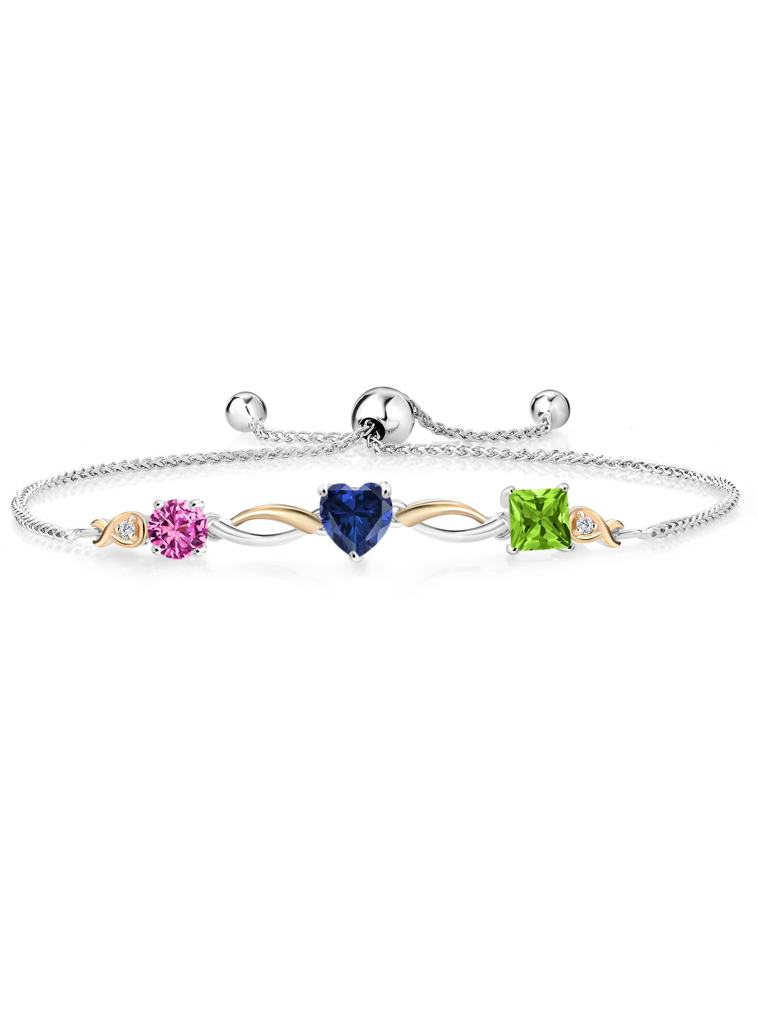 Gem Stone King Keren Hanan 1.78 Ct Round Heart Princess Pink Created  Sapphire Blue Created Sapphire 925 Silver and 10K Yellow Gold Bracelet  Fully 