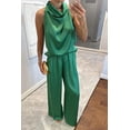 thumbnail image 3 of Haivin Women's Casual Satin Pants and Sleeveless Denim Jacket Set, Hoodless Design with Soft Fabric, Comfortable and Versatile for Daily Wear and Travel, 3 of 4