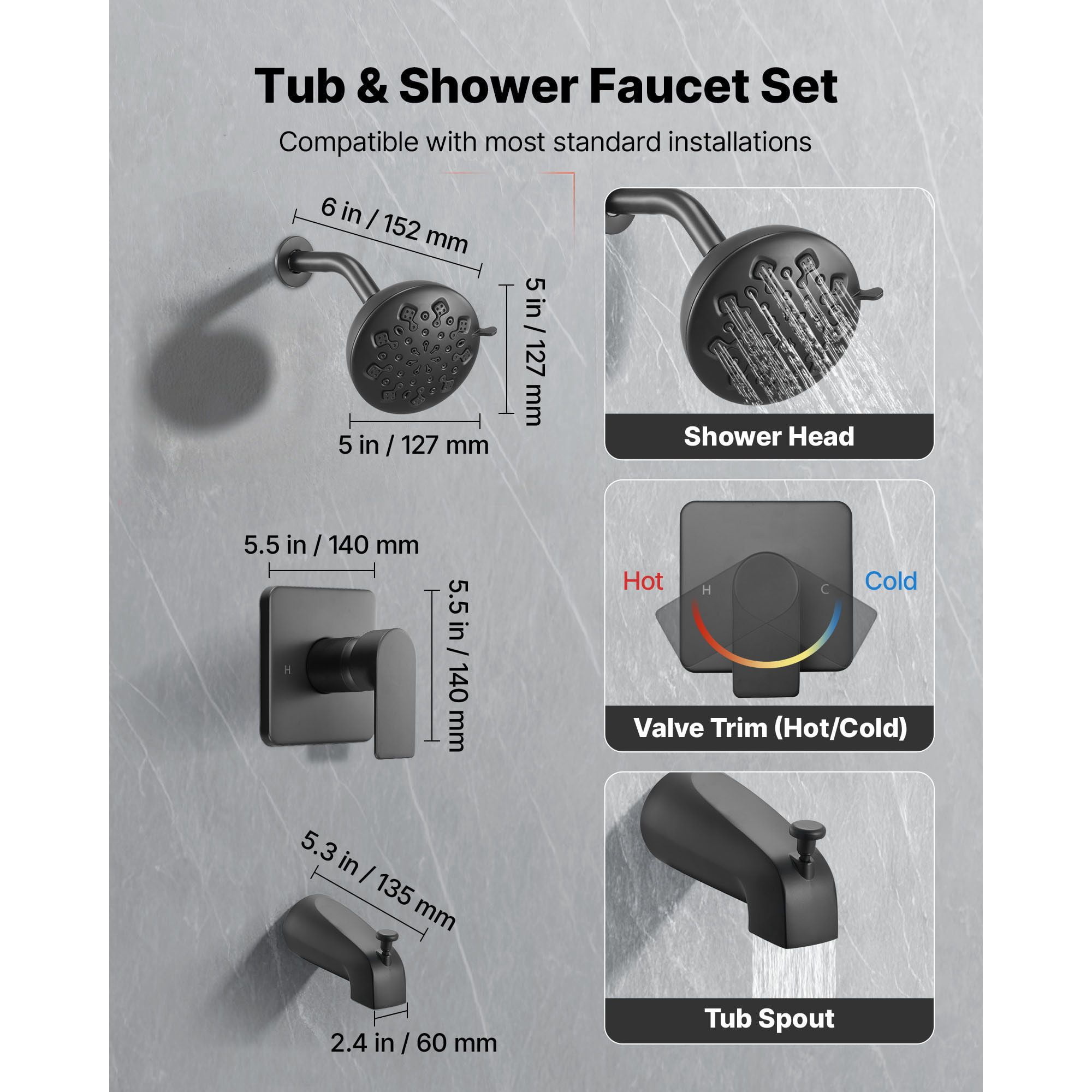 Tub and Shower Faucet Set 4-Piece Pressure Balancing Valve 8 Shower Modes Matte Black for Bathroom