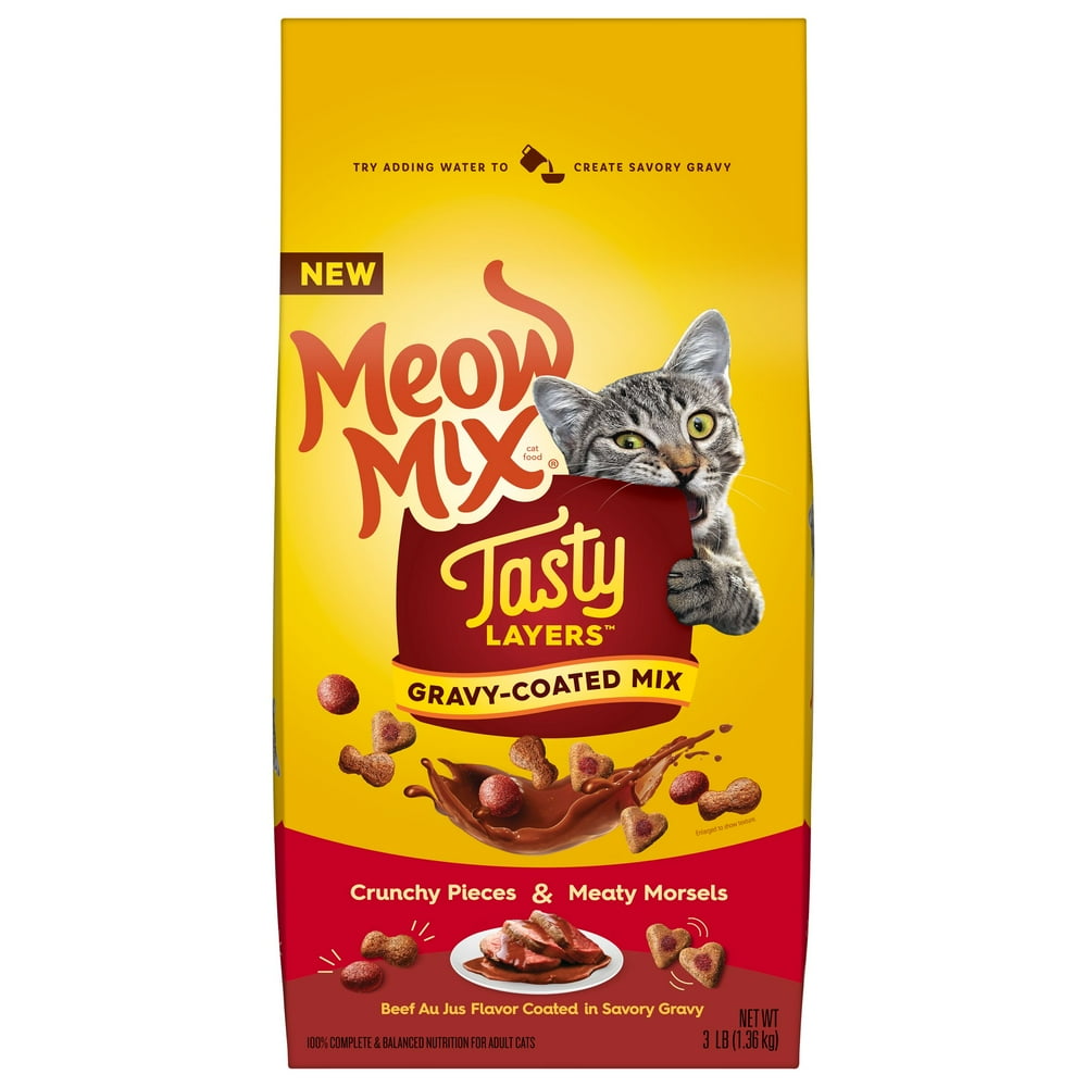 Meow Mix Tasty Layers Dry Cat Food, Beef Au Jus Flavor Coated in Savory