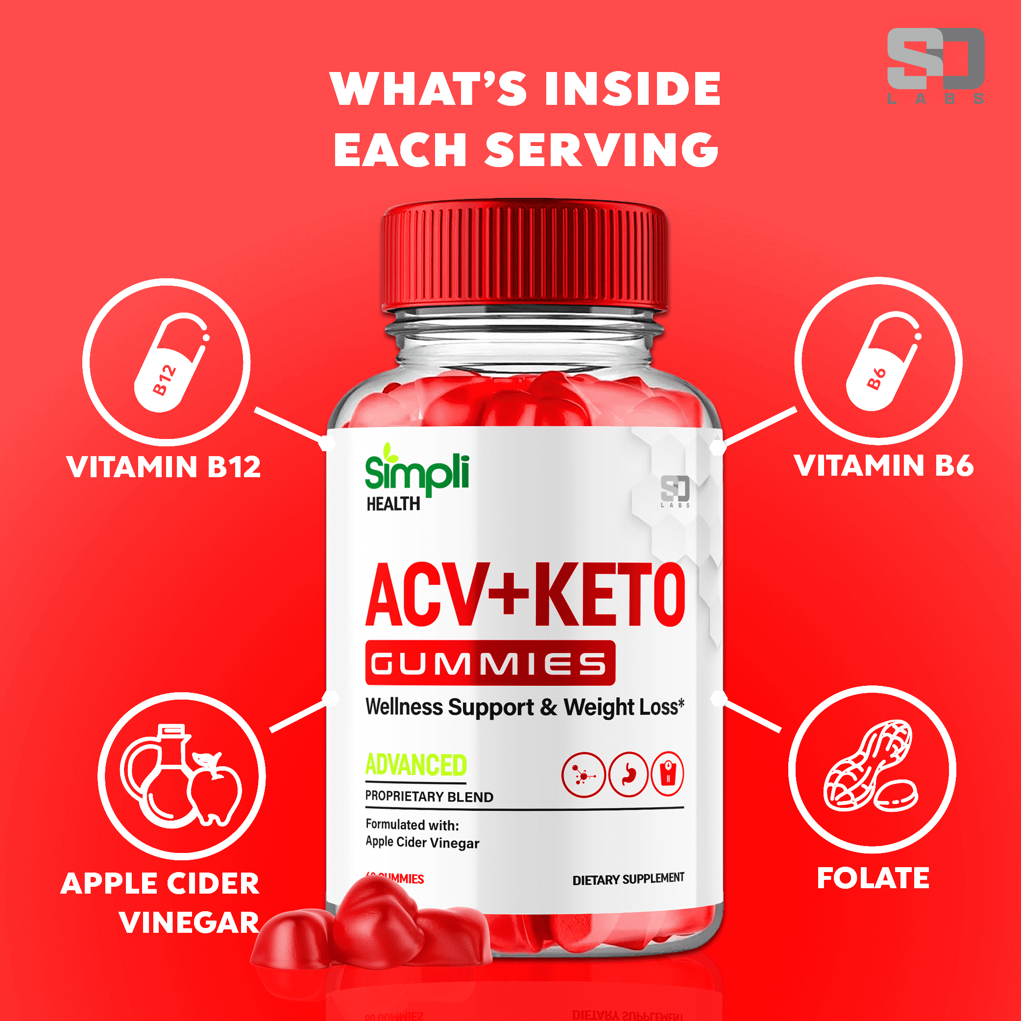 (5 Pack) Simpli Health ACV Keto Gummies - Energy & Focus Boosting Dietary Supplements for Weight Management & Metabolism - Fat Burn - 300 Gummies