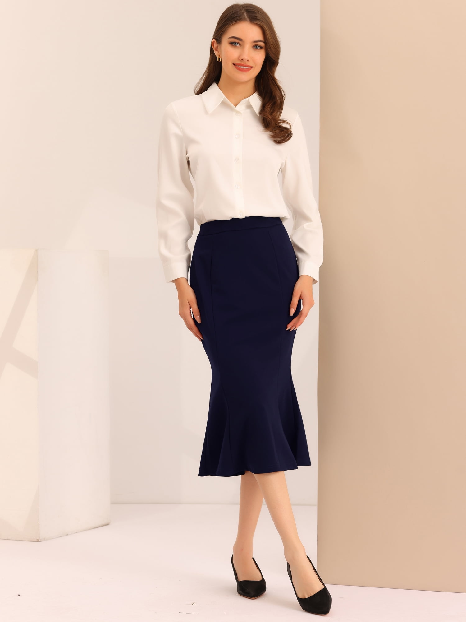 DARING DIVA Women's Bodycon High Waist Ruffle Hem Fishtail Midi Skirt XS Navy Blue