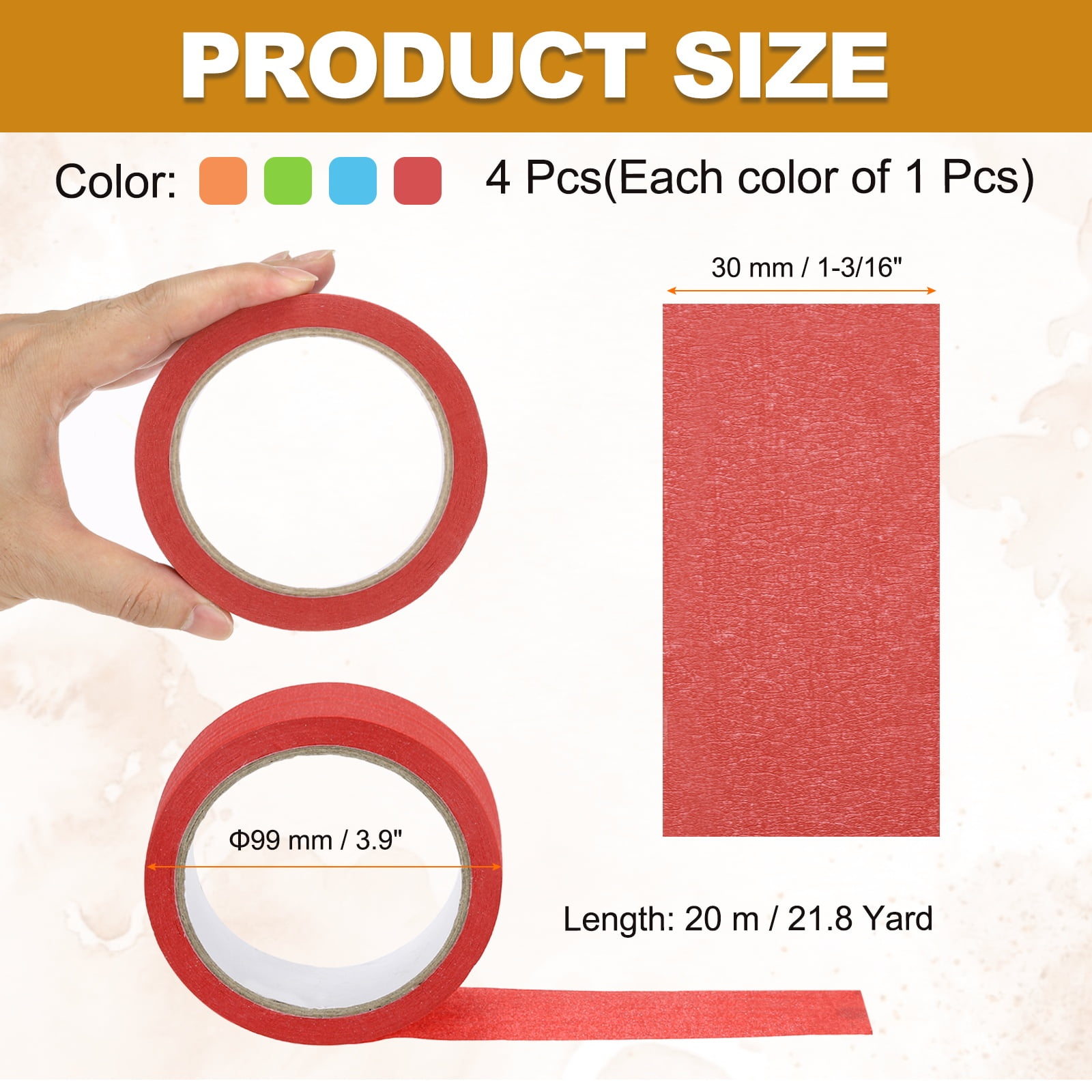 4pcs 1-3/16" x 22 Yard Colored Masking Tape, Red Orange Blue Green