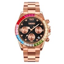 Women Colorful Diamond Watches Chronograph Rotatable Bezel Mineral Glass Luminous Watch Stainless Steel Waterproof Date Analog Quartz Watch Fashion Business Dress Wristwatch