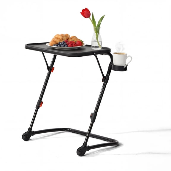 FurnitureR Portable TV Tray Table, Adjustable Folding Snack Table with Cup Holder, 6-Height Settings, C-Shaped Side Table for Couch & Living Room, Black