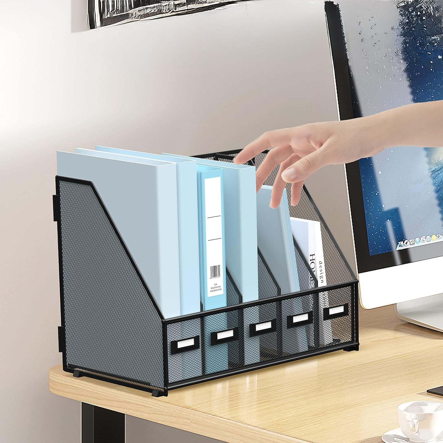 INTIGE Metal Desk File Organizers with 5 Vertical Compartments for Office, Home, Black, 1 Piece