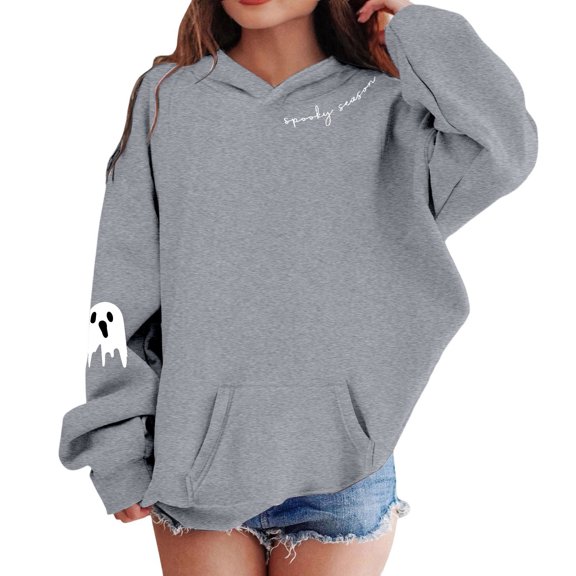 Krdevn Girls Halloween Spooky Season Hoodie Simple Ghost Sleeve Print Script Letter Pullover Sweatshirt Long Sleeve Casual Fall Top with Pocket Grey,9-10 Years