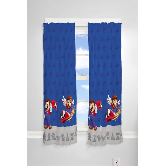 Super Mario Kids 2 Piece Light Filtering Bedroom Curtain Set, 63" Length, Blue