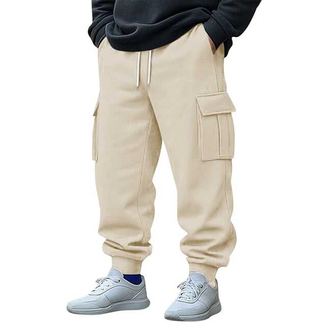 Lovzfmll Men's Utility Style Joggers, Solid Color with Cargo Pockets, Elastic Drawstring Waist and Tapered Hem Beige, M