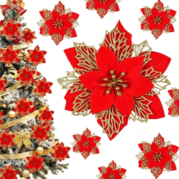 12 Pack Artificial Poinsettia Flowers with Clips, Red Glitter Christmas Tree Decorations, Floral Picks for Wreaths, Garlands and Holiday Home Decor (Red)