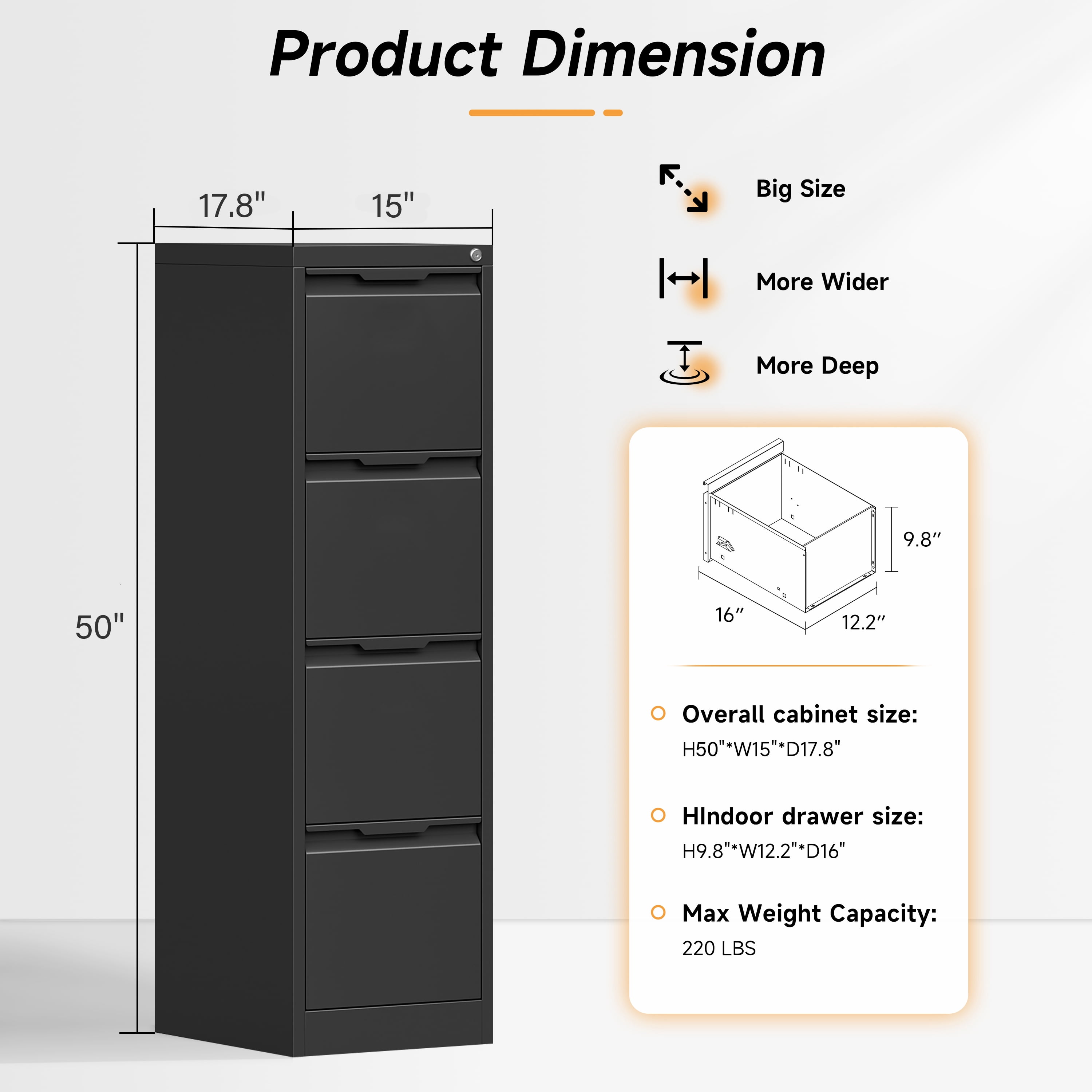 Bestoo 4 Drawer Metal Vertical File Cabinet, 17.8" Deep Filing Cabinet for Home Office, Letter/Legal/A4/F4 Size, Easy Assemble (Black)
