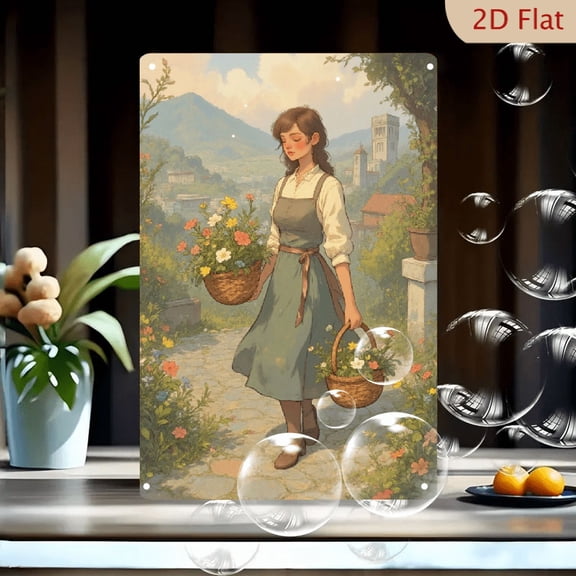 1pc Metal Wall Art, 8x12 Inches, Young Woman Walking with Flower Baskets in Pastoral Town Scene, Serene Countryside Path Decor, Ideal for Home, Garden