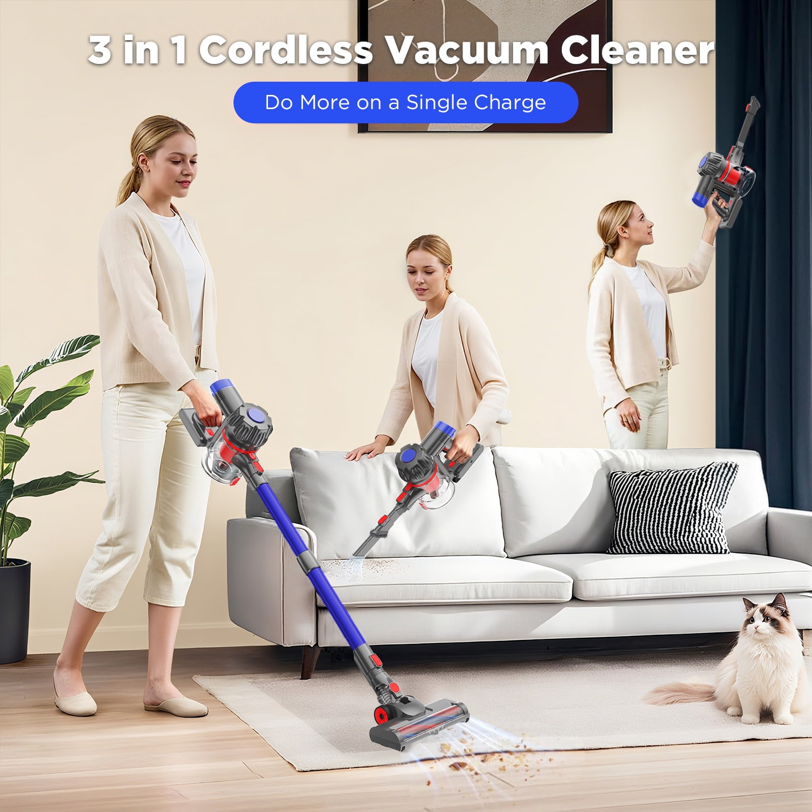 KANFUAQ Cordless Vacuum Cleaner, 38000PA/450W 50min 2500mah for Home Pet Hair Carpet Wood Floor (Blue)