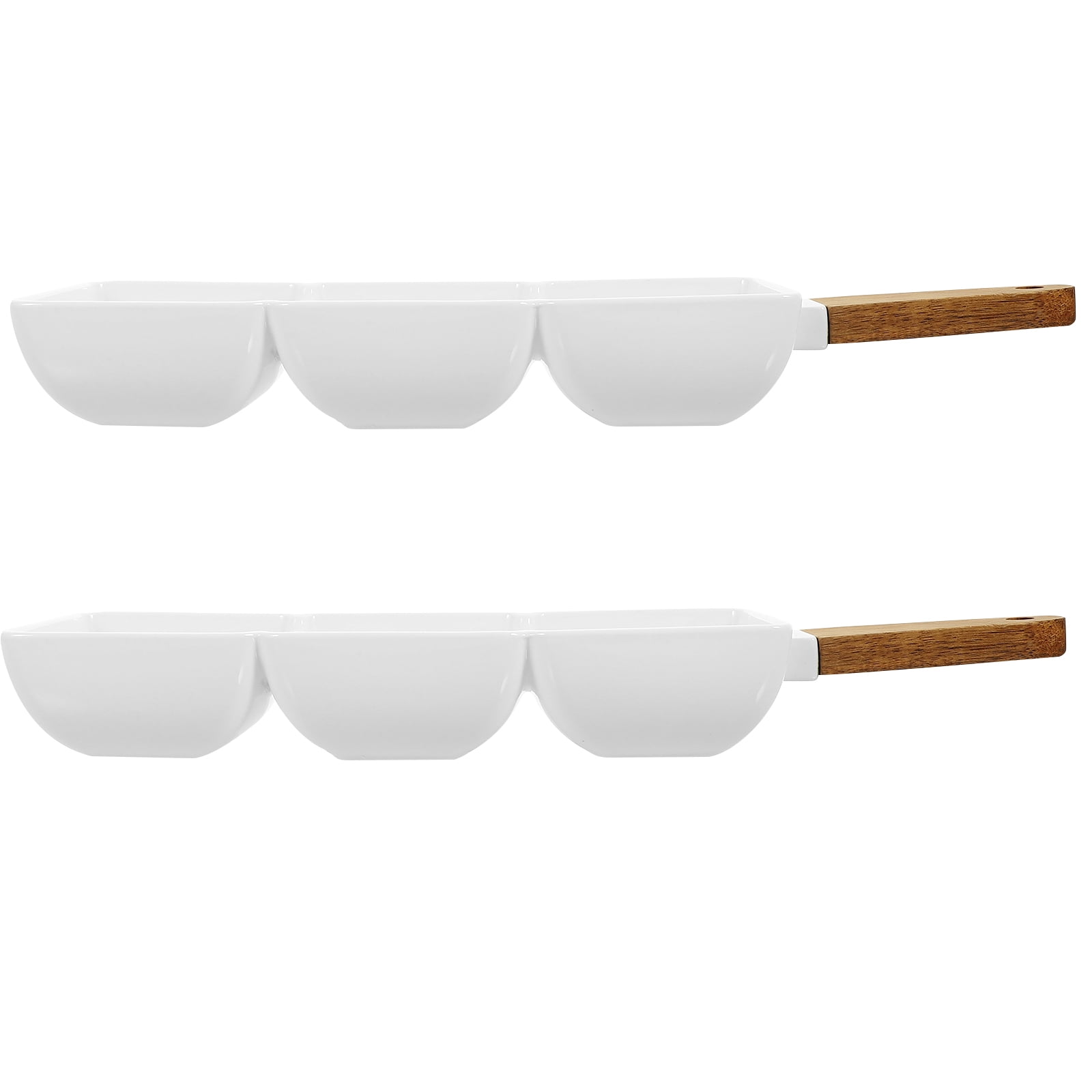 Raindrops 2-Piece Three-Compartment Serving Bowl with Wooden Handle for Seasoning and Condiments