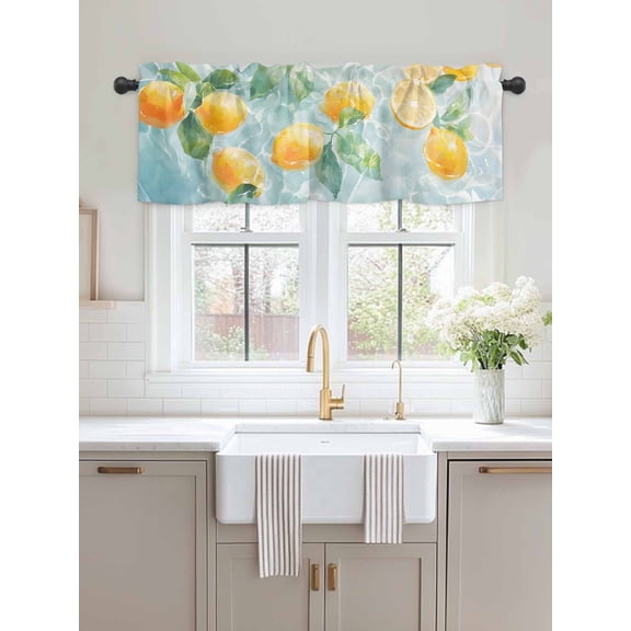 Kitchen Valances for Window, Watercolor Lemons on Lake Light Filtering Rod Pocket Valance Curtain, Yellow Fruit Leaves Water Ripples Short Curtains Window Topper for Bedroom Living Room 54x18in