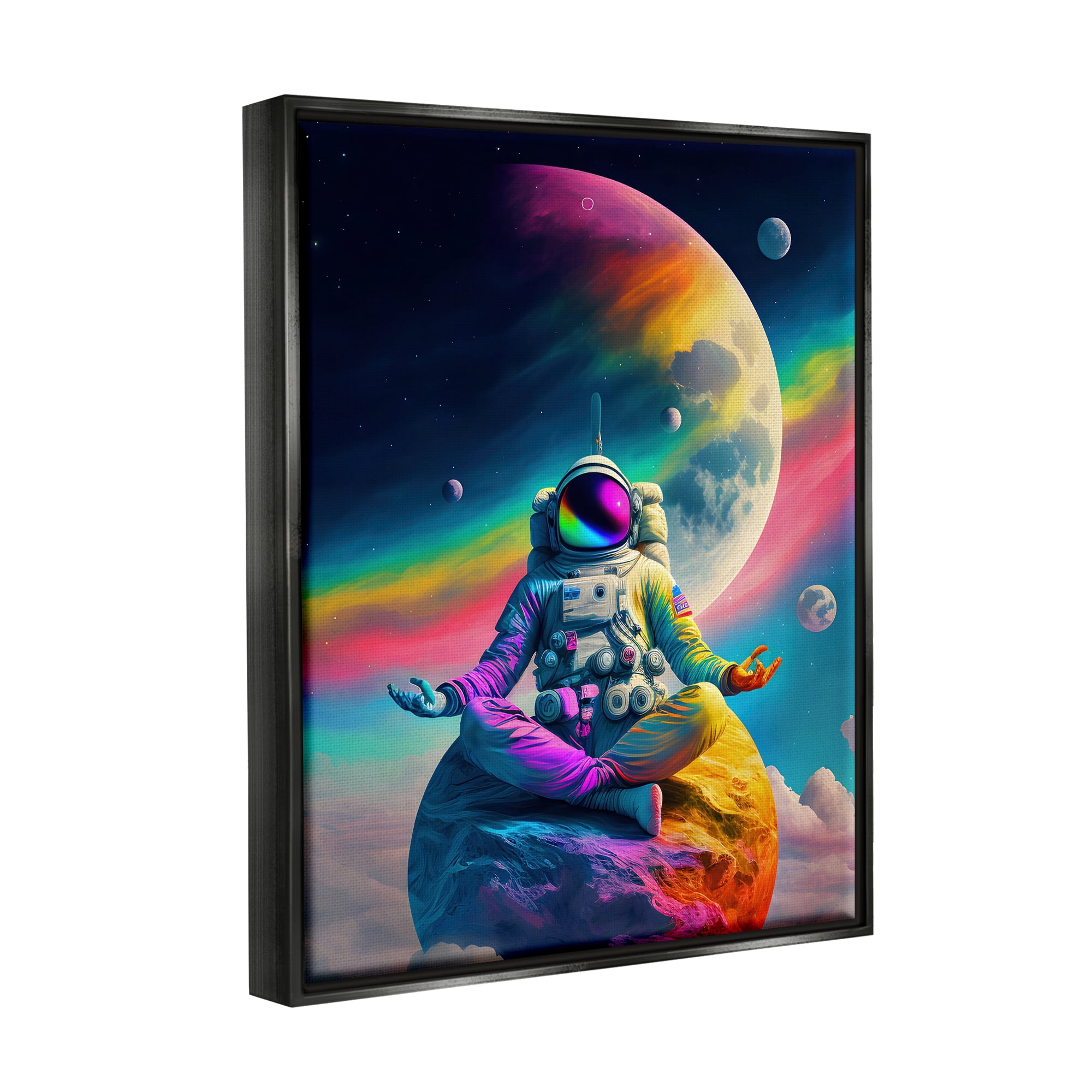 Stupell Industries Astronaut Meditating on Moon Novelty Painting Black Floater Framed Canvas Art Print Wall Art, 25 x 31