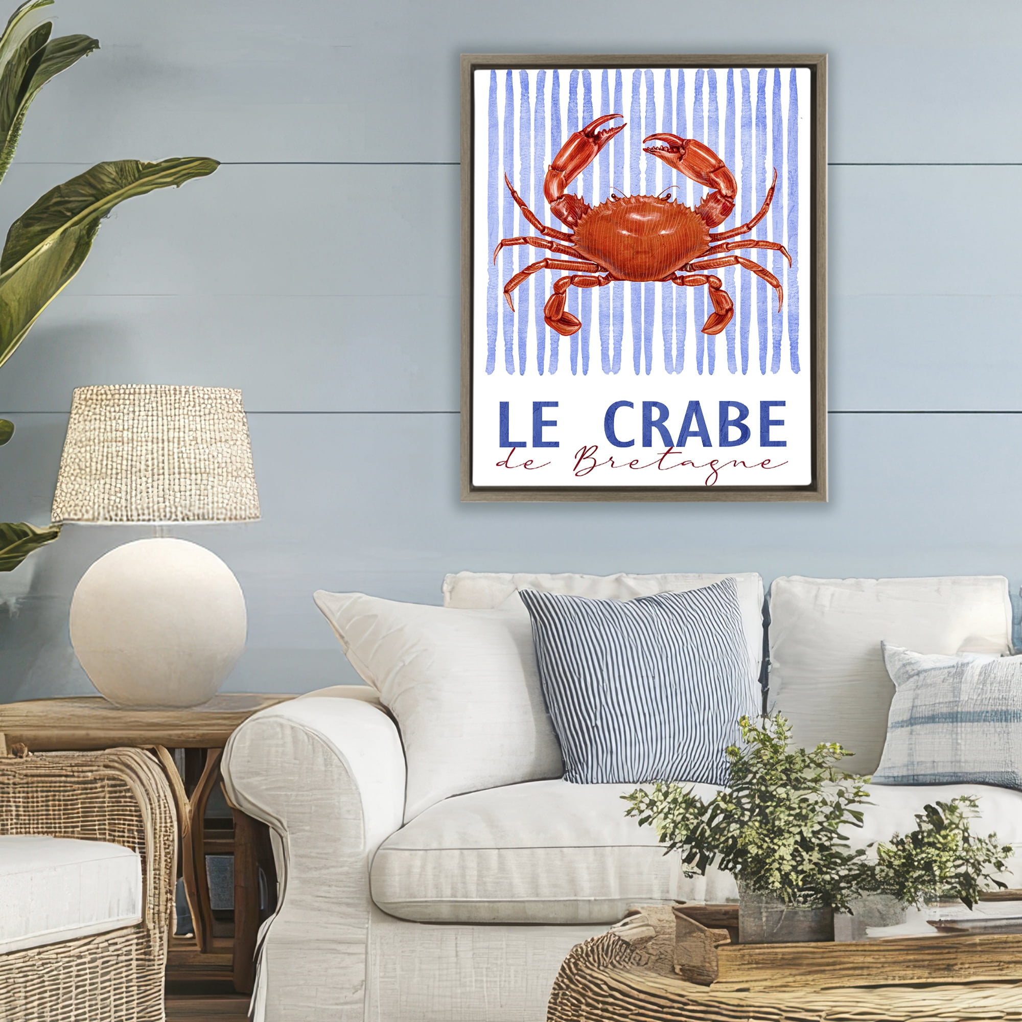 Stupell Industries Le Crabe Nautical Stripes Brown Framed Floater Canvas Wall Art, design by Kim Allen