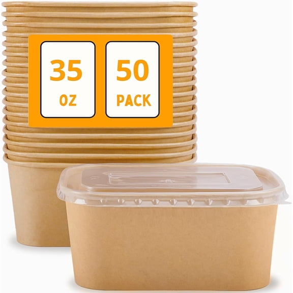 50 Pack Paper Food Containers with Lids,35 oz Kraft Paper Bowls,Cardboard Meal Prep Containers with Lids for Salad,Snacks,Desserts,Hot/Cold Food,Rectangular Disposable Bowls