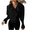 thumbnail image 1 of AherBiu Long Sleeve Shirts for Women Dressy Casual Layered Ruffle Lapel V Neck Flare Sleeve Tops, 1 of 6