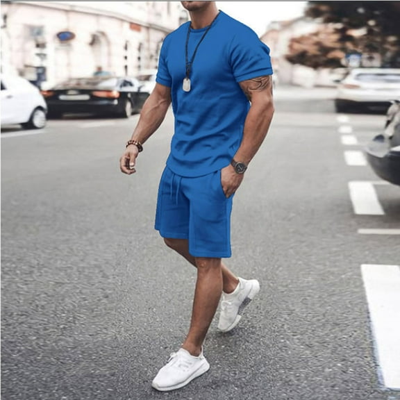 Men 2 Piece Outfits Summer Casual Crew Neck Muscle Short Sleeve Shirt and Classic Fit Sport Shorts Set Tracksuit