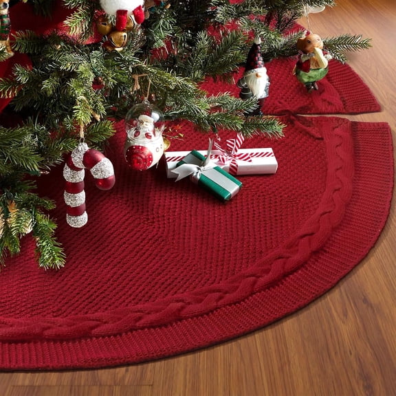48 inches Red Knitted Christmas Tree Skirt Large Xmas Tree Skirts Thick Rustic Farmhouse Christmas Tree Skirt Decorations for Xmas Holiday Home Party Christmas Decor