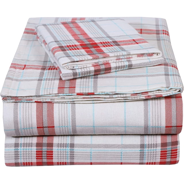 100% Cotton 3 Pieces Flannel Sheets - Deep Pocket - Breathable Flannel Bed Sheets Includes Flat Sheet, Fitted Sheet & 1 Pillowcase - Textured Check, Twin XL