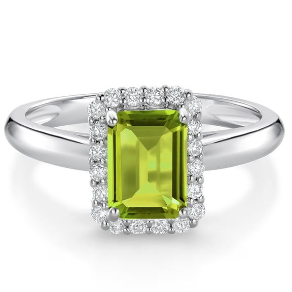 Gem Stone King 1.16 Ct Emerald Cut Green Peridot G/H Lab Grown Diamond 10K White Gold Halo Engagement Ring (Size 6)